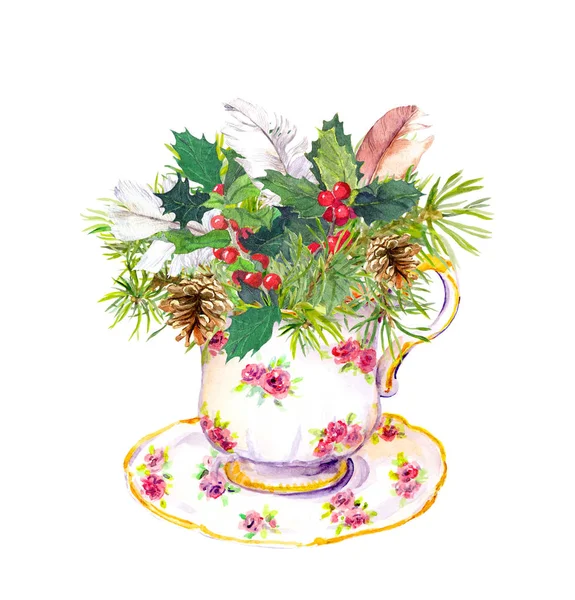 Weihnachten Teetasse - Fichte, Mistel, Boho Federn. Vintage Aquarell Postkarte für Teatime — Stockfoto