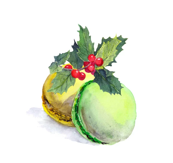 마카롱 케이크 그리고 크리스마스 미 슬 토입니다. 수채화 그림 — 스톡 사진