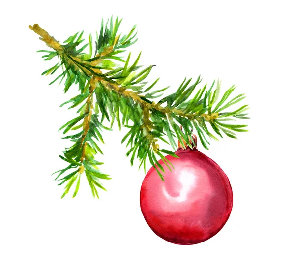 松树枝与红色圣诞摆设球。水彩 — 图库照片