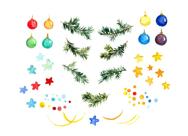 Isolated set of cute christmas decorative elements. Fir tree branches, baubles, stars. Watercolor — Stock Photo, Image