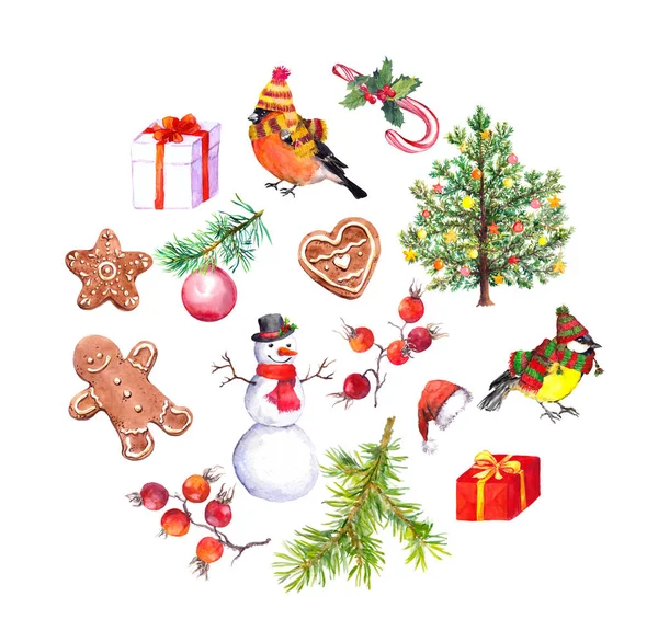Рождественские элементы - елка, пряники, коробки подарков, снеговик, елки, птицы. Акварель — стоковое фото
