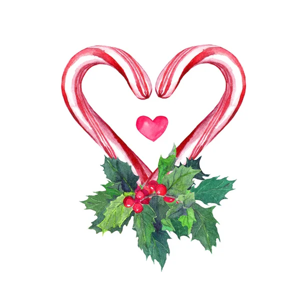 Серце з цукерковою тростиною і тумблею. Акварель на Різдво — стокове фото