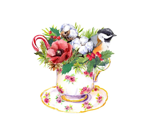 Weihnachtstee - Vogel, Fichtenzweige, Mistel, Baumwolle und Zuckerrohr für Neujahr. Aquarell für Teatime — Stockfoto