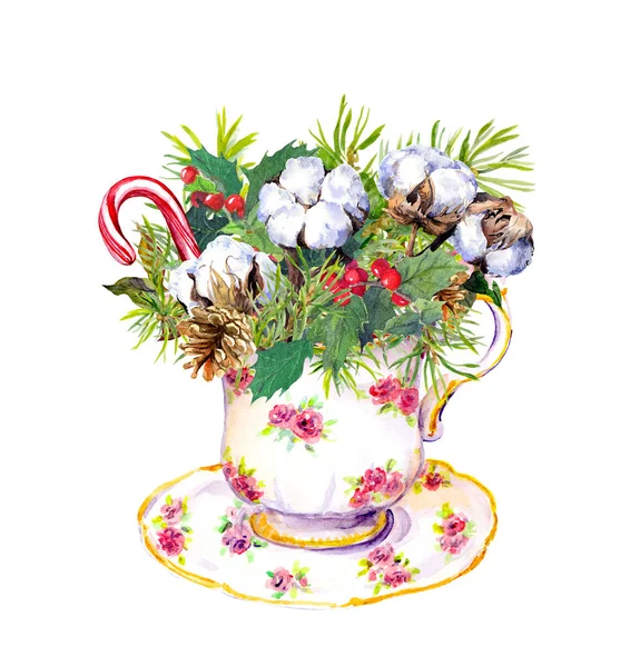 Noel çay Kupası - köknar ağacı, ökse otu, pamuk, yeni yıl şeker kamışı. Çay saati için Vintage suluboya