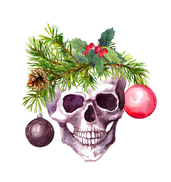 Kerst schedel met conifer twijgen, Maretak, decoratieve ballen. Aquarel in grunge stijl — Stockfoto