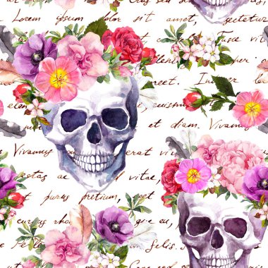 İnsan kafatasları, çiçek Dia de Muertos tatil için. Yazılı metin el ile Seamless modeli. Suluboya