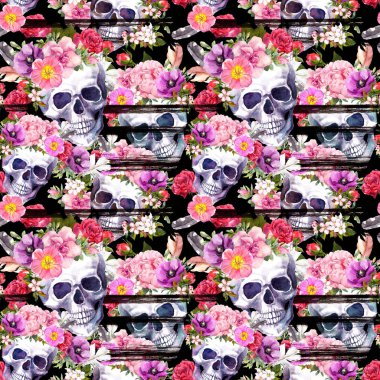 İnsan kafatasları, parlak çiçekler. Dikişsiz desen siyah çizgiler olanlardan. Suluboya
