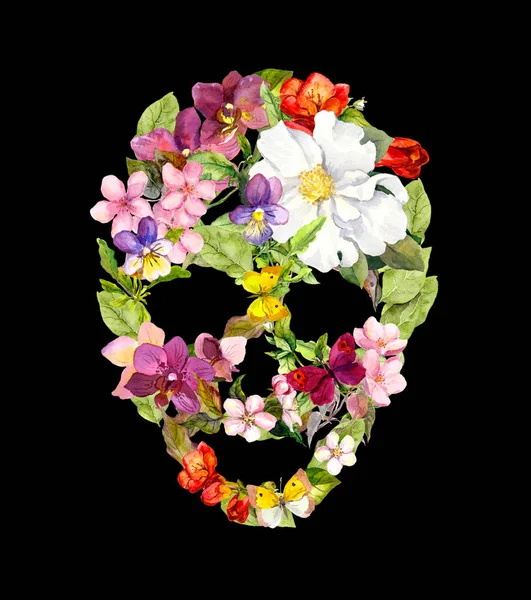 Totenkopf mit Blumen für Halloween. Aquarell — Stockfoto