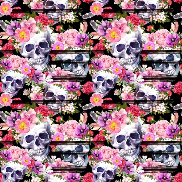 Calaveras humanas, flores brillantes. Patrón sin costuras con rayas negras. Acuarela —  Fotos de Stock