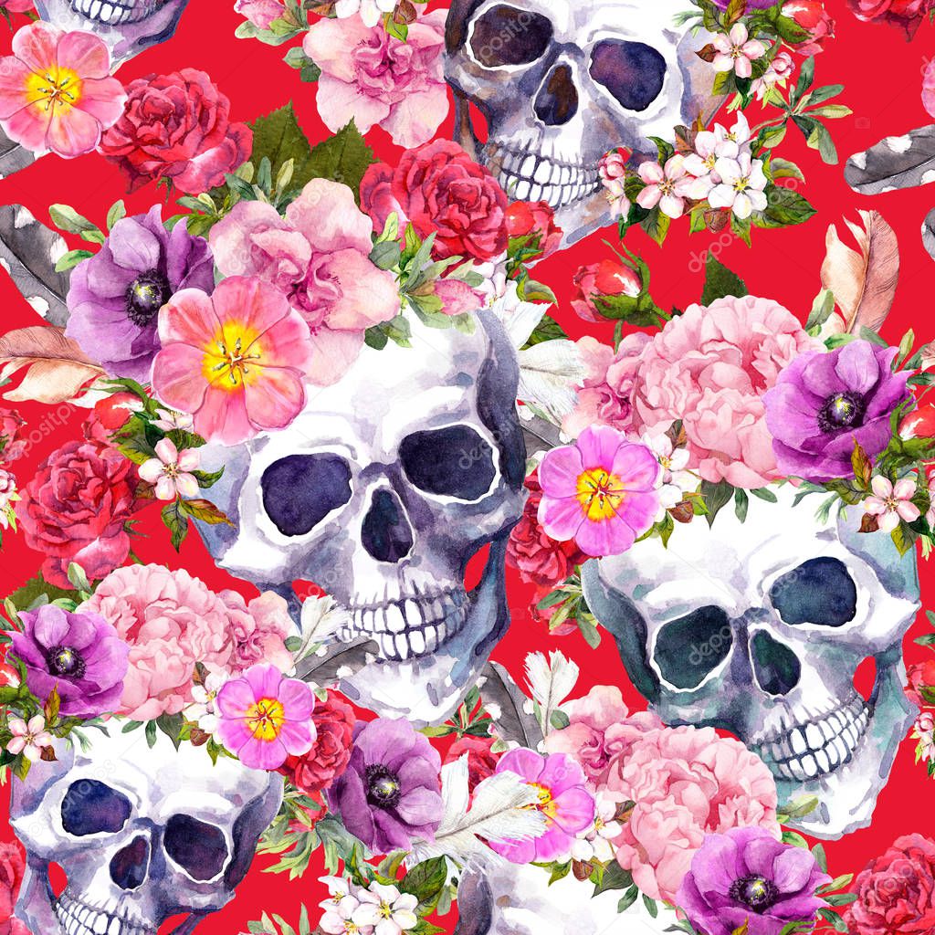 Human skulls, flowers on red background. Seamless pattern. Watercolor