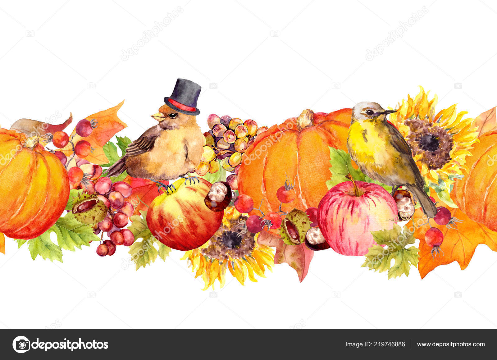 Thanksgiving seamless border frame. Birds, fruits and vegetables - pumpkin,  apples, berries, nuts, autumn leaves. Watercolor for Thanks giving day —  Stock Photo © zzzorikk #219746886