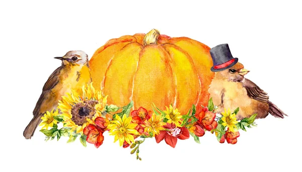 Thanksgiving pumpkin with bird, flowers. Watercolor illustration — Stock Photo, Image