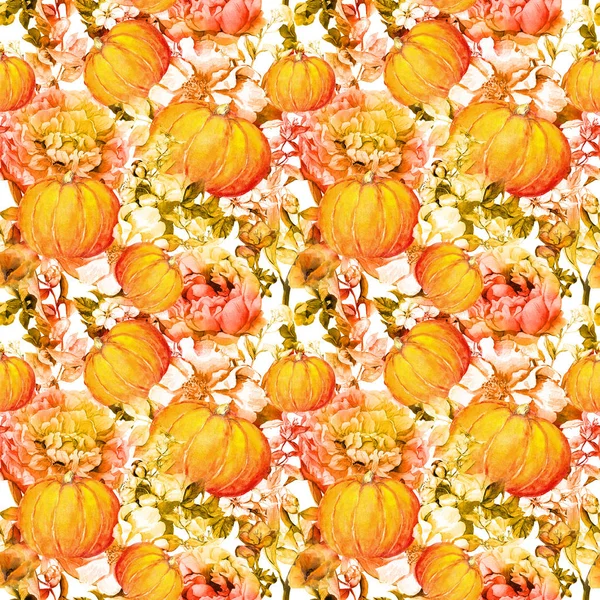 День благодарения повторяющийся узор - тыквы и цветы. Цветочный акварель — стоковое фото