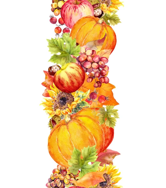 Fruits and vegetables - pumpkin, apples, berries, nuts, autumn leaves. Thanksgiving seamless border frame