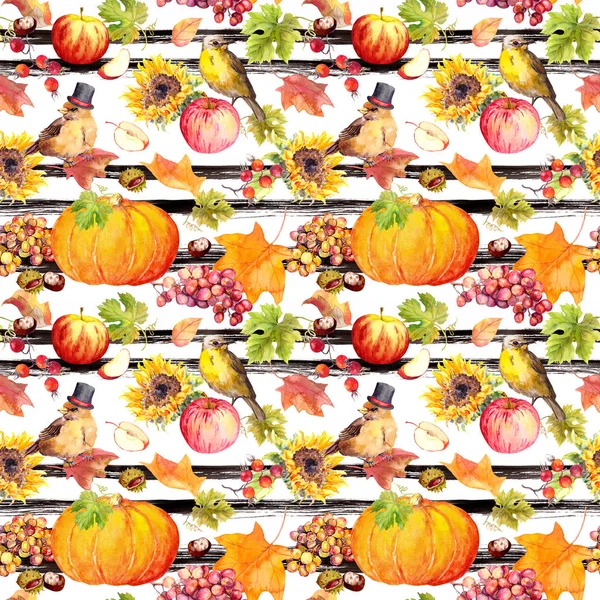 Thanksgiving repeating pattern - birds, fruits, vegetables - pumpkin, apples, grape with autumn leaves. Vintage watercolor