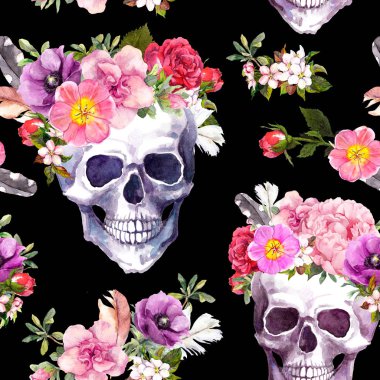 İnsan kafatasları, çiçek Dia de Muertos tatil, ölü gün Cadılar Bayramı için. Dikişsiz desen siyah arka plan üzerine. Suluboya