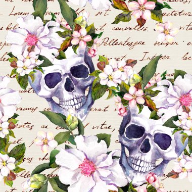 İnsan kafatasları, çiçek Dia de Muertos tatil için. Yazılı metin el ile Seamless modeli. Suluboya