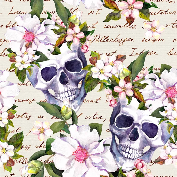 Ludzkie czaszki, kwiaty Dia de Muertos wakacje. Wzór z ręcznie napisany tekst. Akwarela — Zdjęcie stockowe