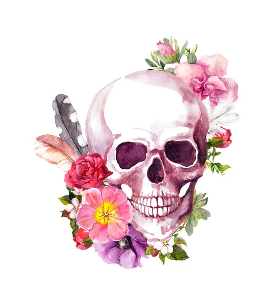 Crâne humain avec des fleurs, plumes dans le style boho vintage. Aquarelle — Photo