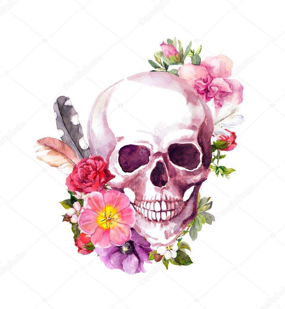 Human skull with flowers, feathers in vintage boho style. Watercolor