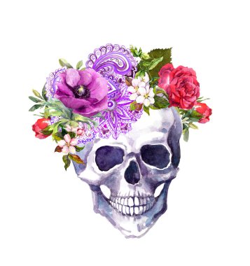 İnsan kafatası - çiçekler, etnik süsleme boho tarzı. Suluboya