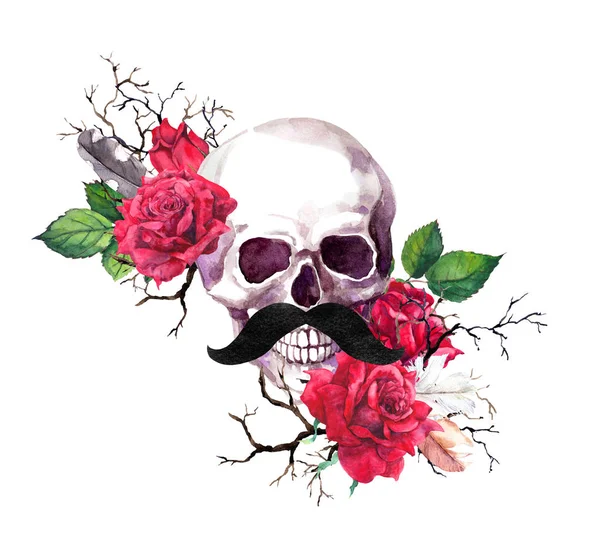 Crânio humano com bigodes em flores vermelhas rosa, ramos. Aquarela — Fotografia de Stock