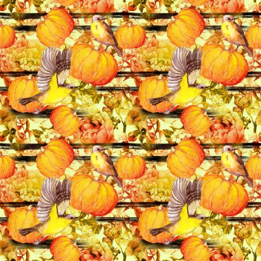 Şükran günü yinelenen desen - kuşlar, sonbahar çiçekler, kabaklar. Vintage suluboya ile siyah şeritler