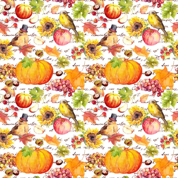 Padrão de repetição de ação de graças - pássaros, frutos, verduras - abóbora, maçãs, uva com folhas de outono. Aquarela vintage com texto escrito à mão — Fotografia de Stock