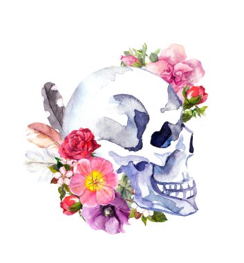 İnsan kafatası çiçekler, tüyleri ile. Cadılar Bayramı için suluboya