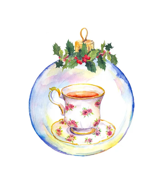 Christmas cup of tea in glass bauble and mistletoe. Watercolor — Stock Photo, Image