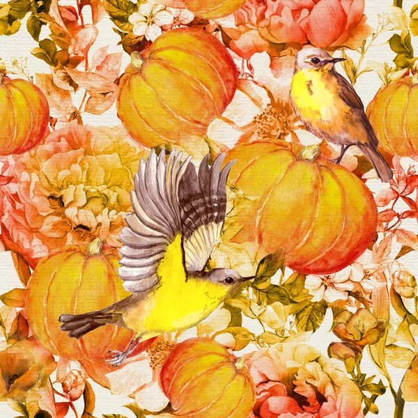 Ημέρα των Ευχαριστιών κολοκύθες με τα πουλιά, τα λουλούδια. Απρόσκοπτη floral μοτίβο για Ευχαριστίας ημέρα. Ζωγραφική με νερομπογιές — Φωτογραφία Αρχείου