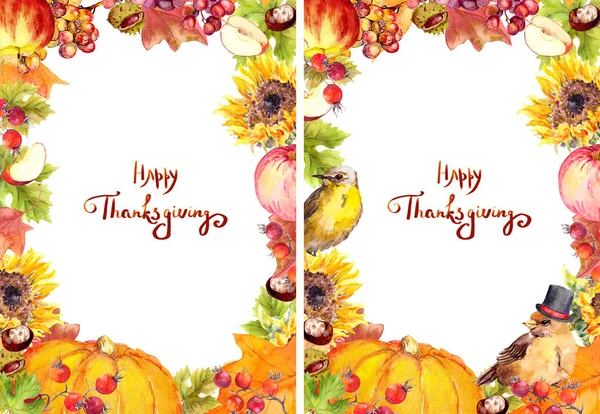 感恩节传单 5x7-秋天的叶子和花, 南瓜, 鸟类, 水果和蔬菜-苹果, 葡萄, 坚果, 浆果。水彩卡感谢给天 — 图库照片