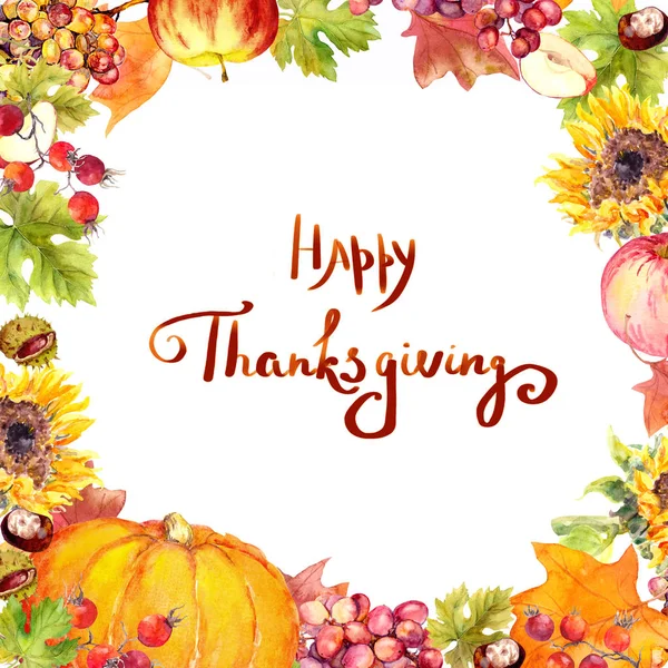 Thanksgiving-kort - blommor, frukter och grönsaker - pumpa, äpple, druva, nötter, bär, höstlöv. Akvarell vykort för Tacksägelsedagen dag — Stockfoto