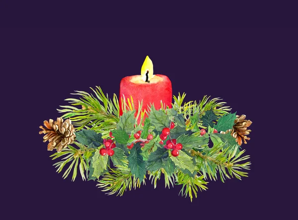 Ветки рождественской елки, свечи, омелы. Акварель — стоковое фото