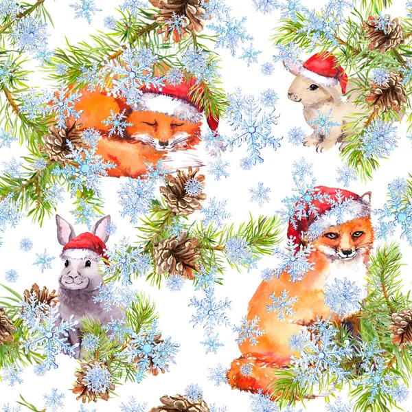 Bonitos zorros, conejos con sombreros rojos de vacaciones en la caída de nieve. Abeto ramas de árbol de Navidad, conos. Patrón sin costuras para Navidad. Acuarela bosque invierno —  Fotos de Stock