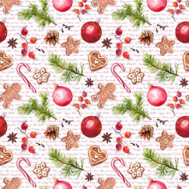 Noel baubles, Zencefil Ekmek Çerezler, Noel ağaç dalları, kırmızı meyveler. Tebrikler metin ile Seamless modeli. Suluboya