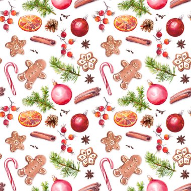 Noel baubles, gingerbread çerezleri, ağaç dalları, kırmızı meyveler, tarçın, candycane, portakal çeki düzen vermek. Yinelenen desen. Suluboya