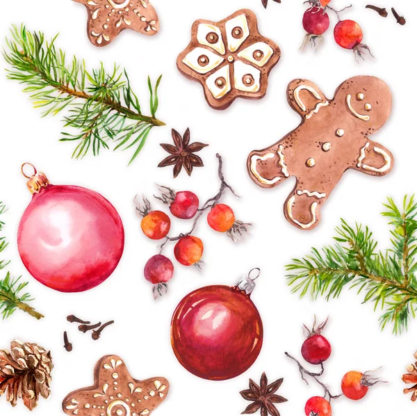 Kerstballen, gember brood cookies, kerst boom soorten twijgen. Naadloze patroon. Aquarel — Stockfoto