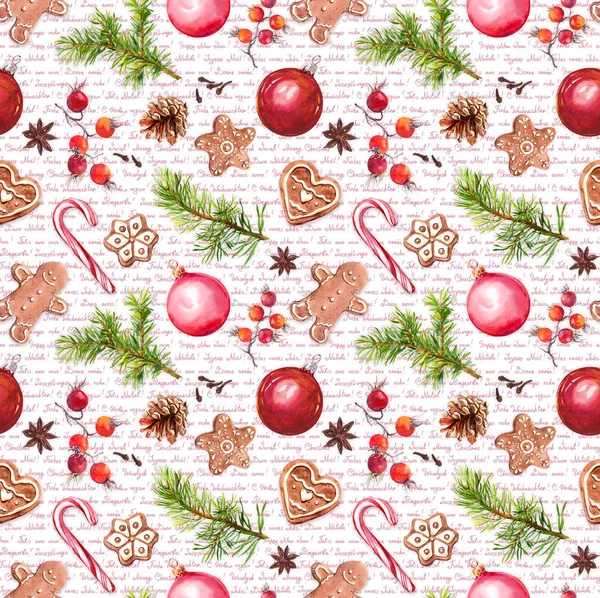 Bolas de Navidad, galletas de pan de jengibre, ramas de árbol de Navidad, bayas rojas. Patrón sin costuras con texto de felicitaciones. Acuarela — Foto de Stock