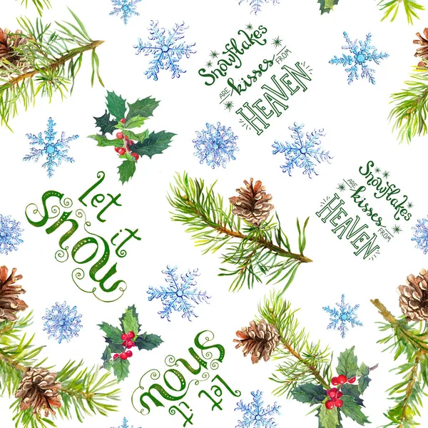 Christmas tree branches, mistletoe, snowflakes, winter quotes about snow. Seamless pattern, watercolor — Stock Photo, Image