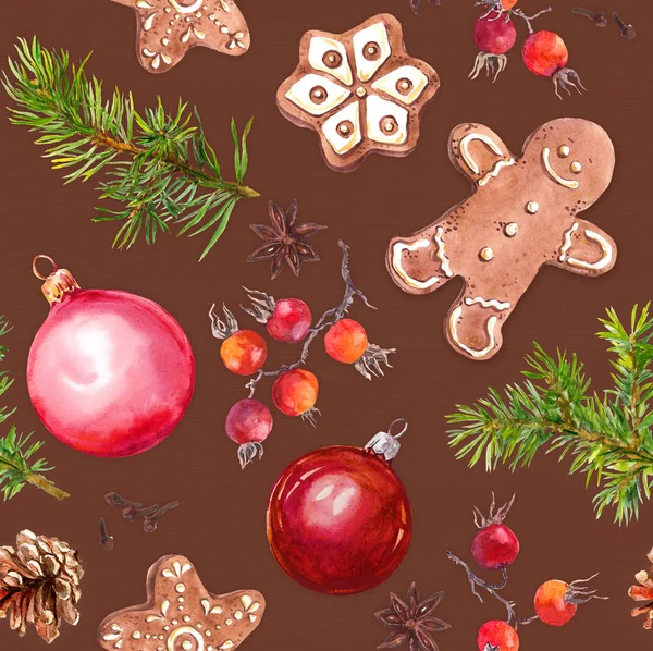 Weihnachtskugeln, Lebkuchen, Christbaumzweige und rote Beeren. nahtloses Muster. Aquarell — Stockfoto