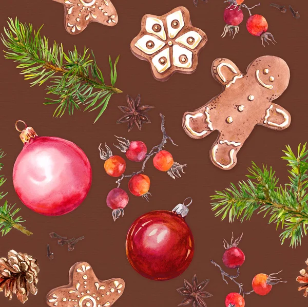 Christmas baubles, ginger bread cookies, christmas tree branches and red berries. Seamless pattern. Watercolor