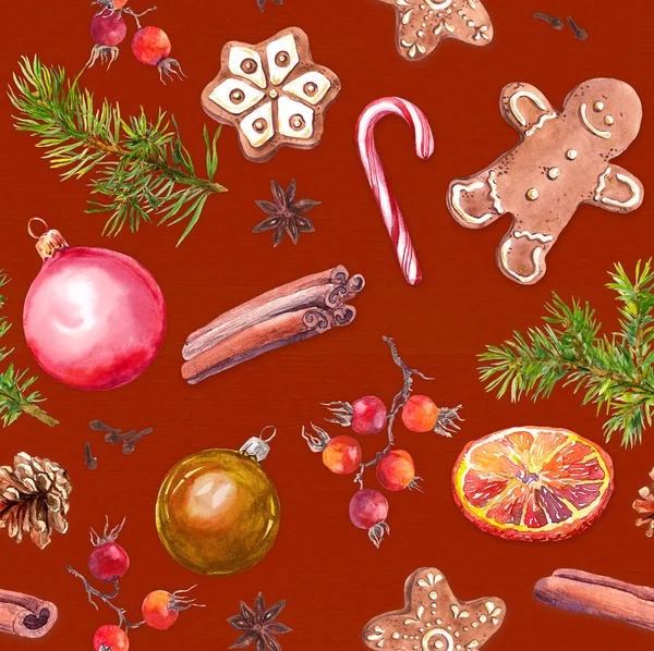 Bolitas de Navidad, galletas de jengibre, ramas de abeto, bayas, canela, caña de azúcar, naranja. Patrón sin costuras sobre fondo rojo. Acuarela —  Fotos de Stock
