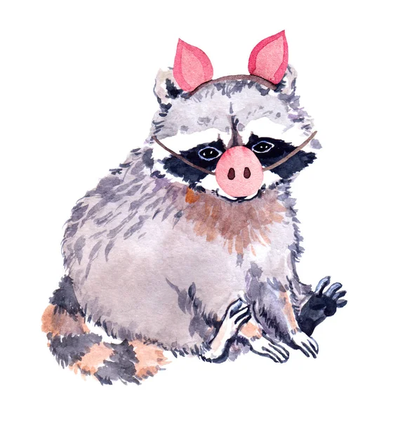 Mignon raton laveur en costume de porc avec nez de porc. Illustration drôle pour le Nouvel An. Aquarelle — Photo