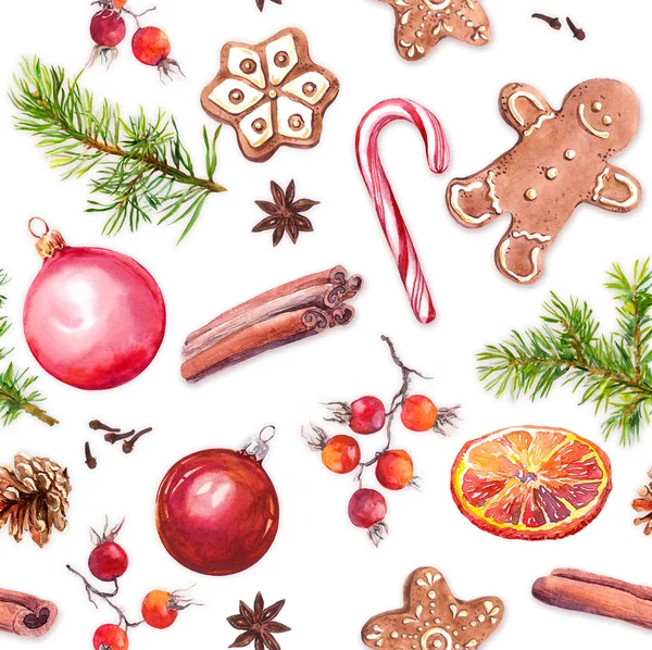 Kerstballen, peperkoek cookies, kerstboom takken, rode bessen, kaneel, riet van het suikergoed en oranje. Naadloze patroon. Aquarel — Stockfoto