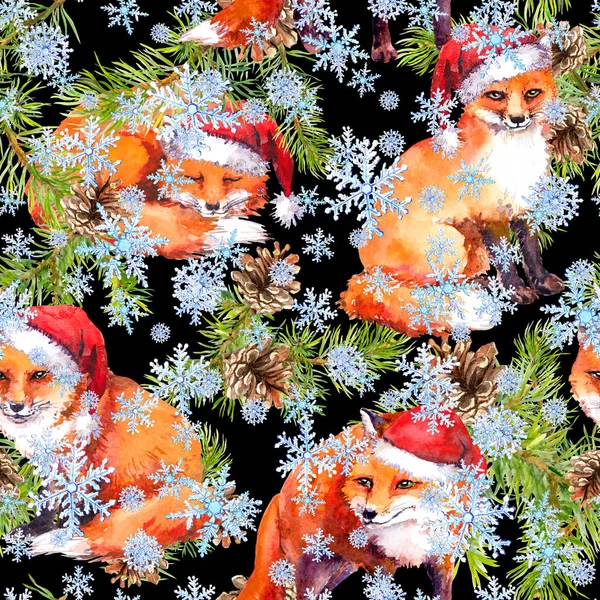 Ramoscelli di pino, animali volpe con cappelli rossi da festa. Sfondo senza cuciture per Natale. Acquerello — Foto Stock