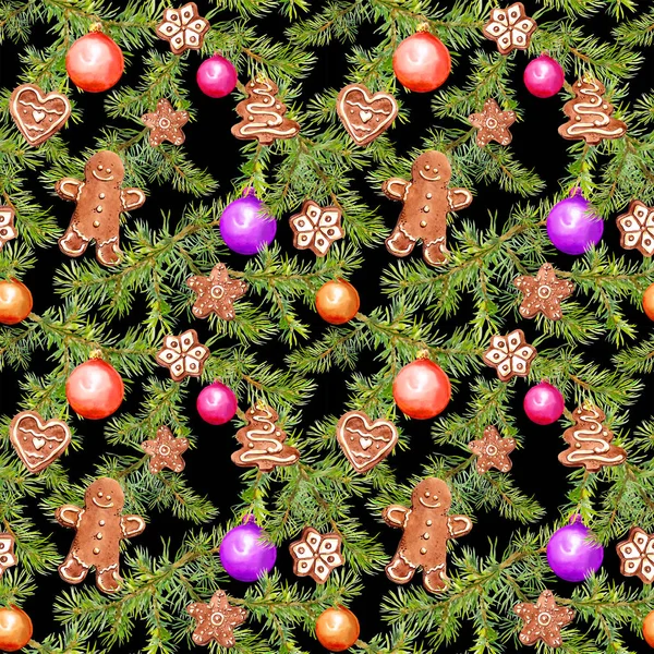 Palle di Natale, pan di zenzero, ramoscelli di conifere. Modello senza cuciture per il design di Natale. Acquerello — Foto Stock