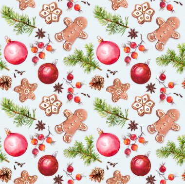 Noel baubles, zencefilli kurabiye, Noel ağacı twigs ve tür ekmek. Seamless modeli. Suluboya