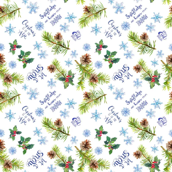 Pine takken, Maretak, sneeuwvlokken, winter citaten over sneeuw. Naadloze patroon, aquarel — Stockfoto