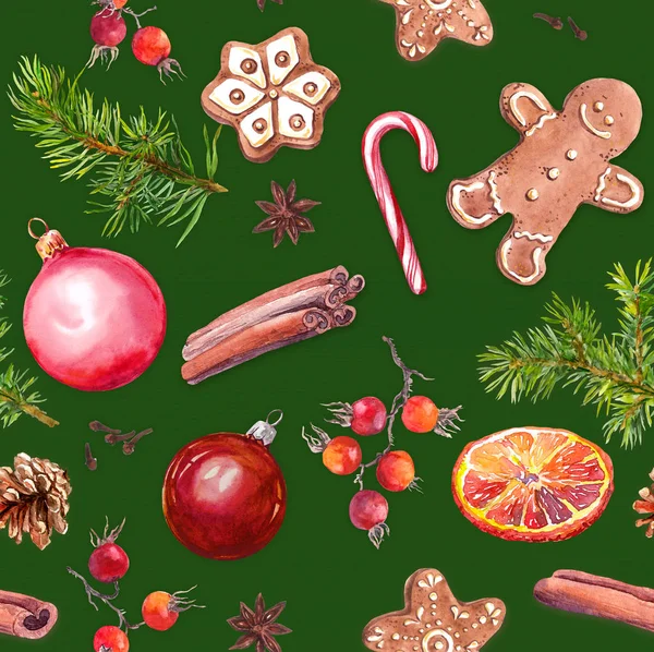 Kerstballen, gember brood koekjes, kerstboom twijgen, soorten, candy cane, oranje. Naadloze patroon op groene achtergrond. Aquarel — Stockfoto